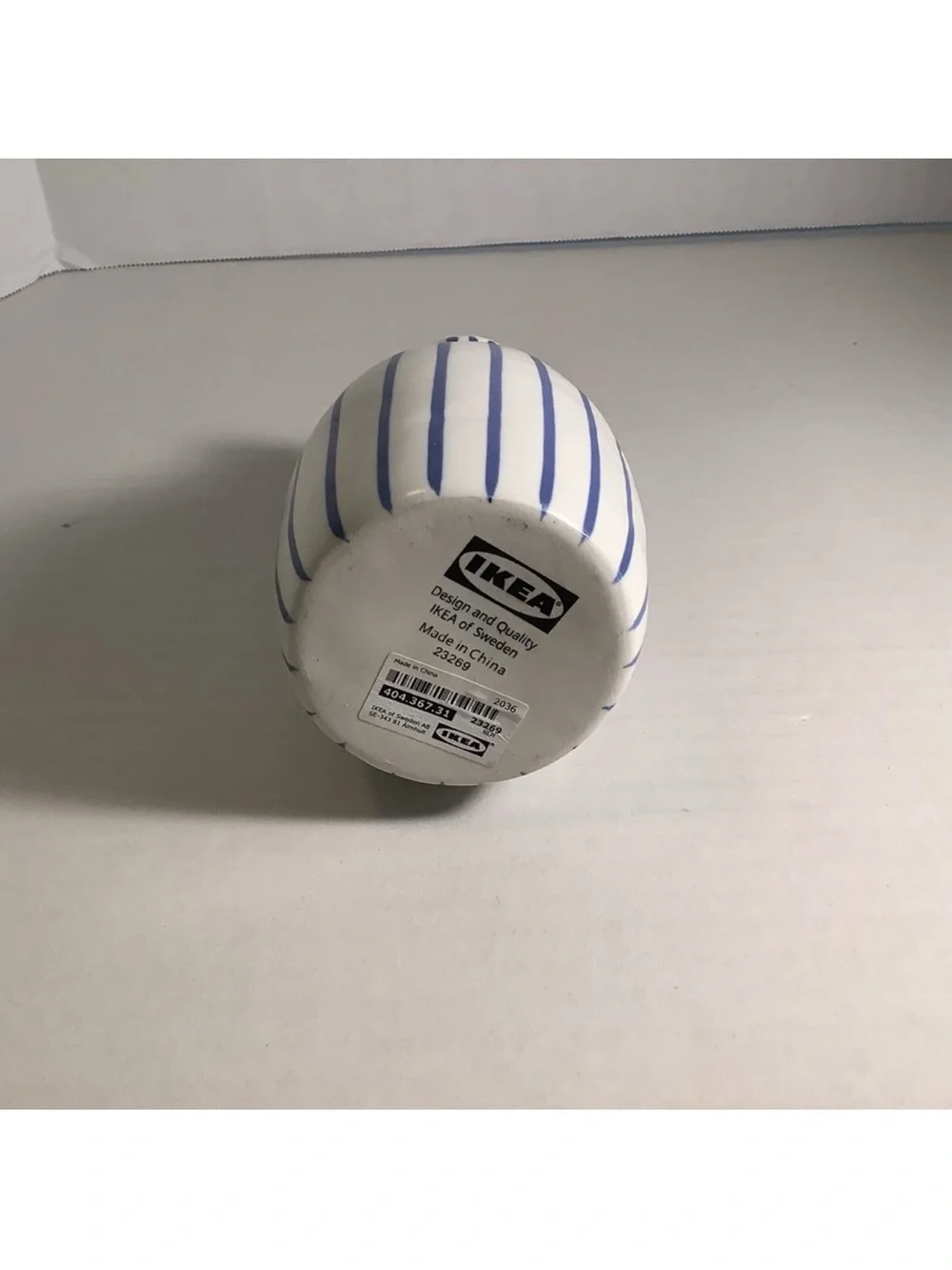 IKEA White Ceramic Vase with Blue Hand-Painted Stripes